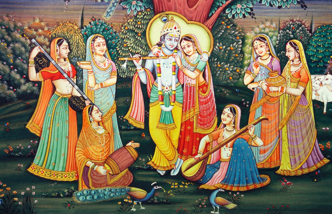 Radha Krishna mit Sakhis genießen Musik von School Indian