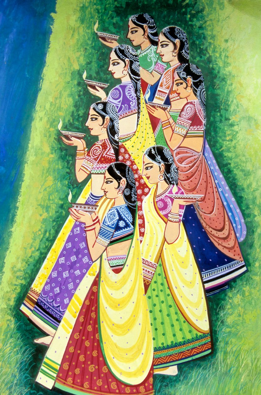Frauen halten Öllampe Miniaturmalerei, Indien von School Indian
