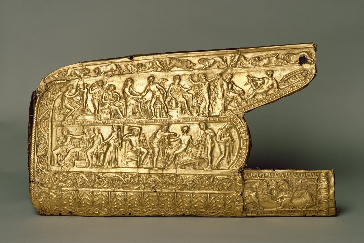 Köcheranpassung für Bogen und Pfeile, aus dem Chertomlyk-Grabhügel, Steppe, 4. Jahrhundert v. Chr. (Gold) von Scythian