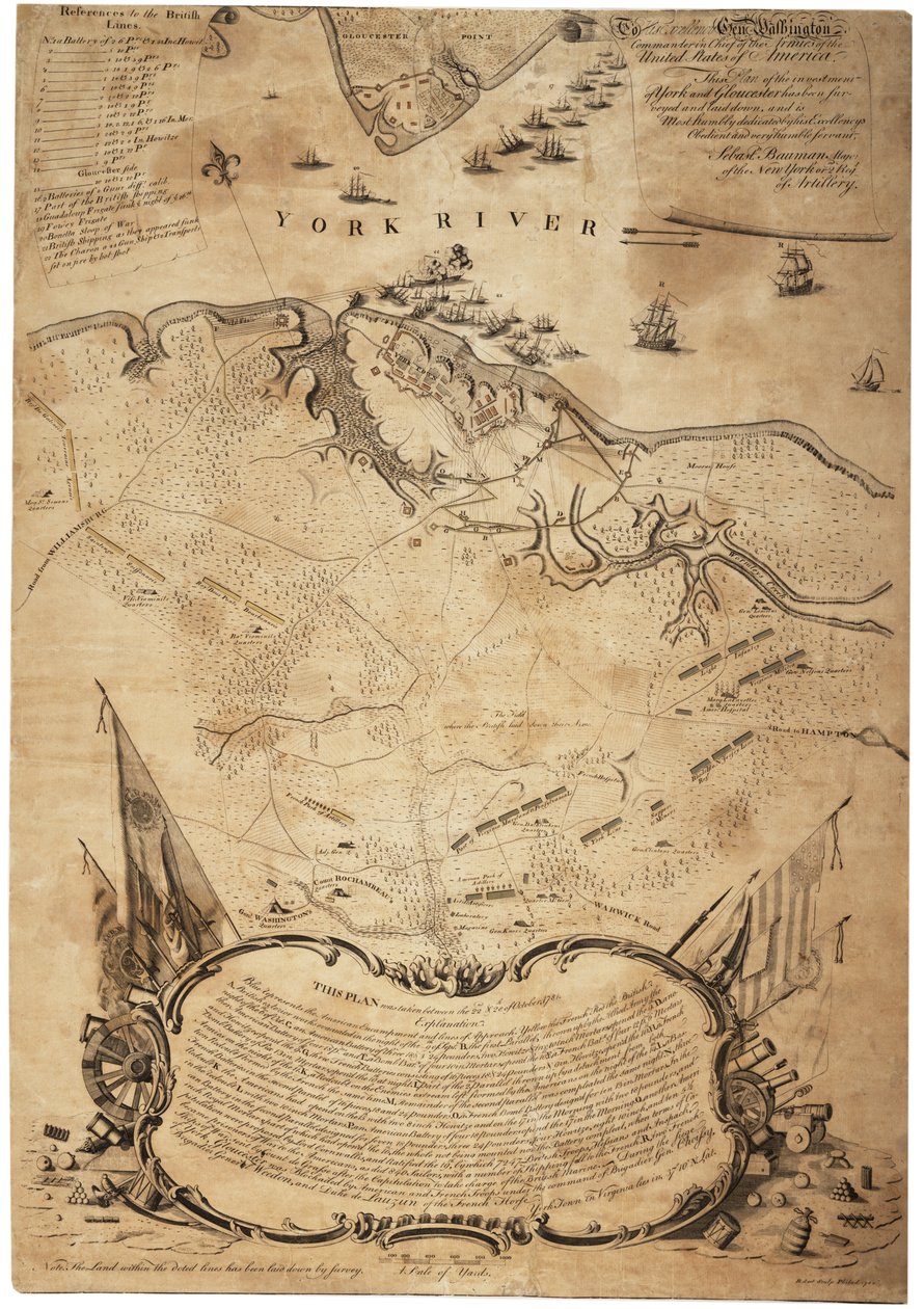 Plan der Belagerung von York und Gloucester (Va.) [Yorktown], ca. Februar 1782 von Sebastian Bauman