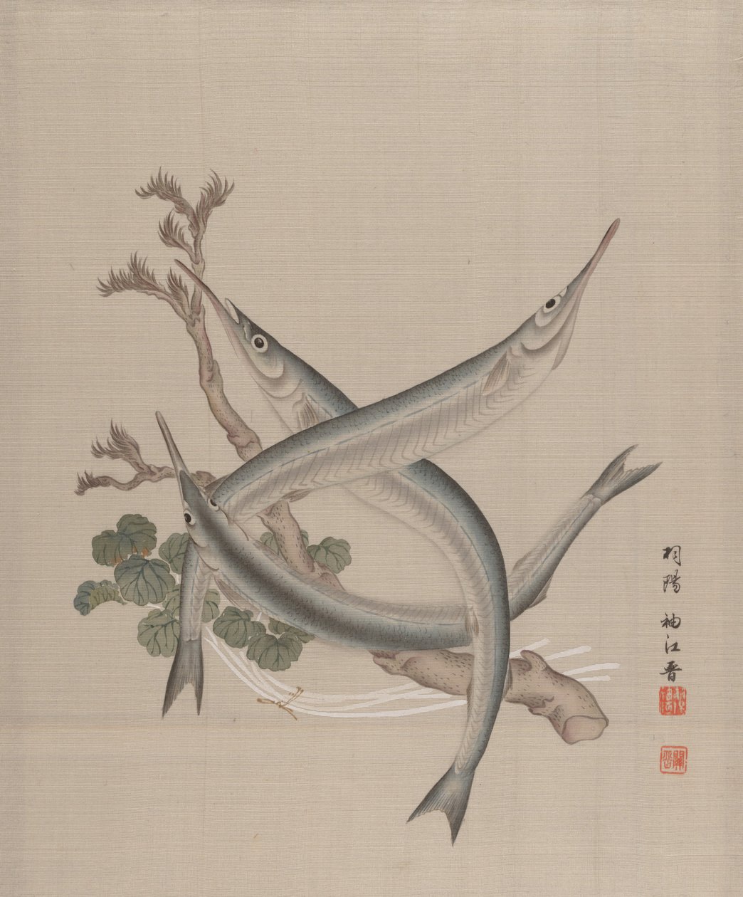 Drei Fische und ein Zweig, ca. 1890-92 von Seki Shuko