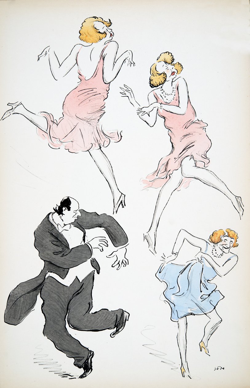 Drei Illustrationen von Transvestiten in blauen und rosa Kleidern, die mit einem größeren Herrn in Frack und weißer Krawatte tanzen, aus White Bottoms, veröffentlicht 1927 von Sem