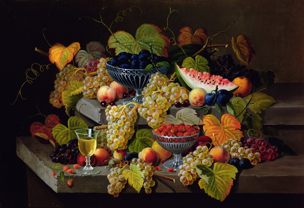 Stillleben mit Melone, Pflaumen, Trauben, Pfirsichen, Kirschen, Erdbeeren usw. auf Steinsimsen von Severin Roesen