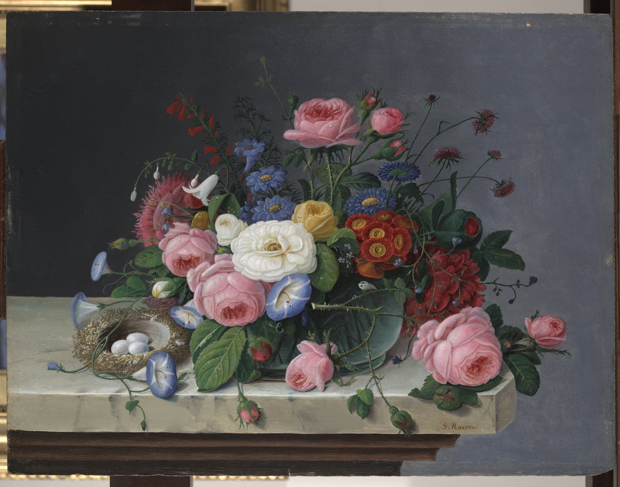 Stillleben mit Blumen und Vogelnest, nach 1860 von Severin Roesen