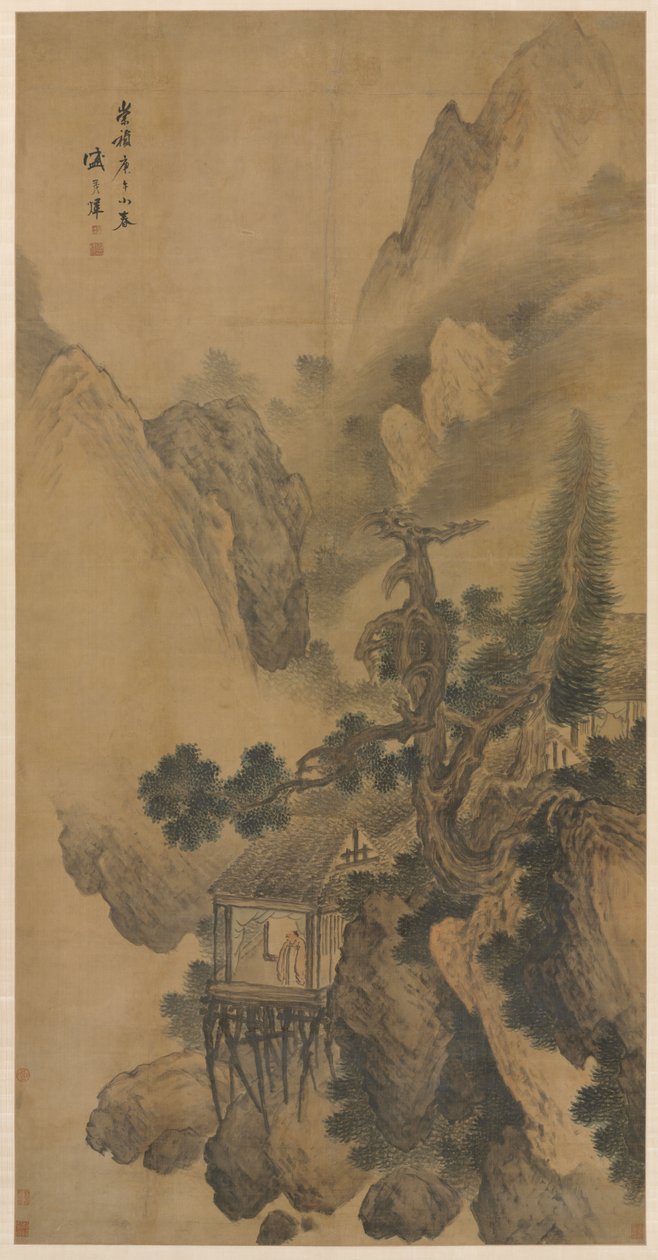 Einsamer Rückzugsort mit Blick auf ein nebliges Tal, 1630 von Sheng Maoye