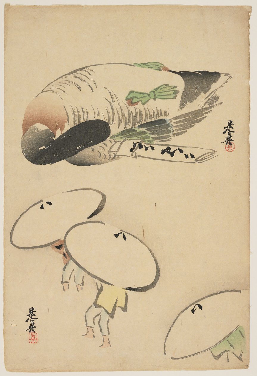 (Fasan Drei Männer mit Regenschirmen) von Shibata Zeshin
