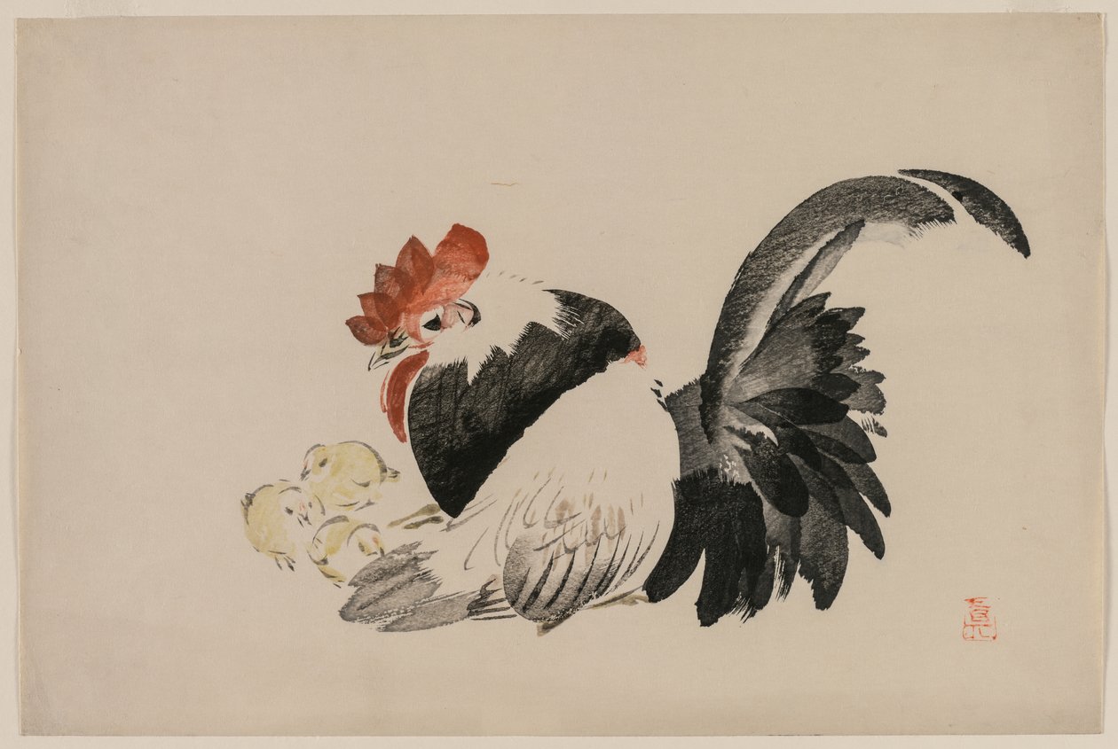 Hahn, Henne und Küken von Shibata Zeshin