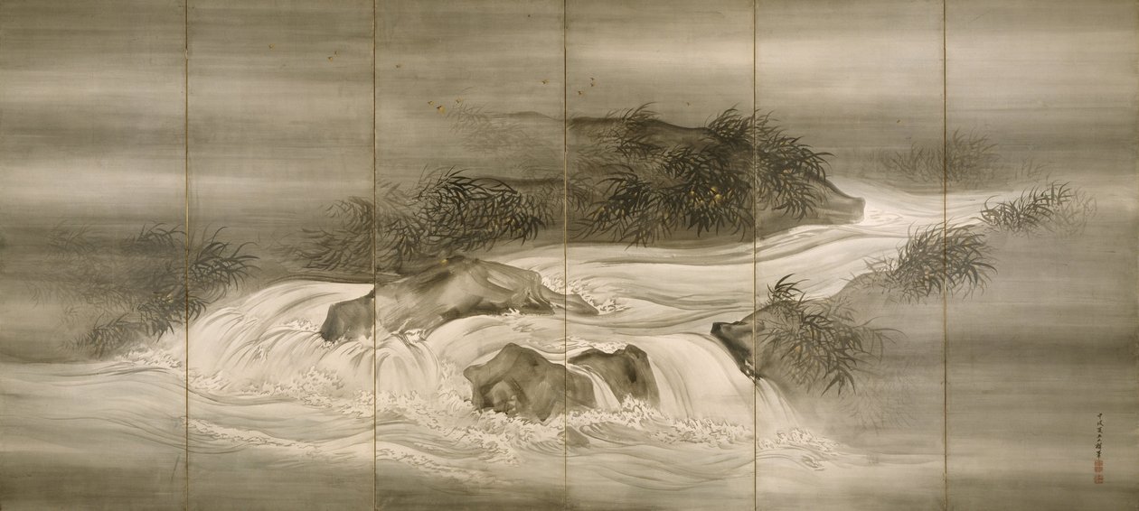 Flusslandschaft mit Glühwürmchen, 1874 von Shiokawa Bunrin
