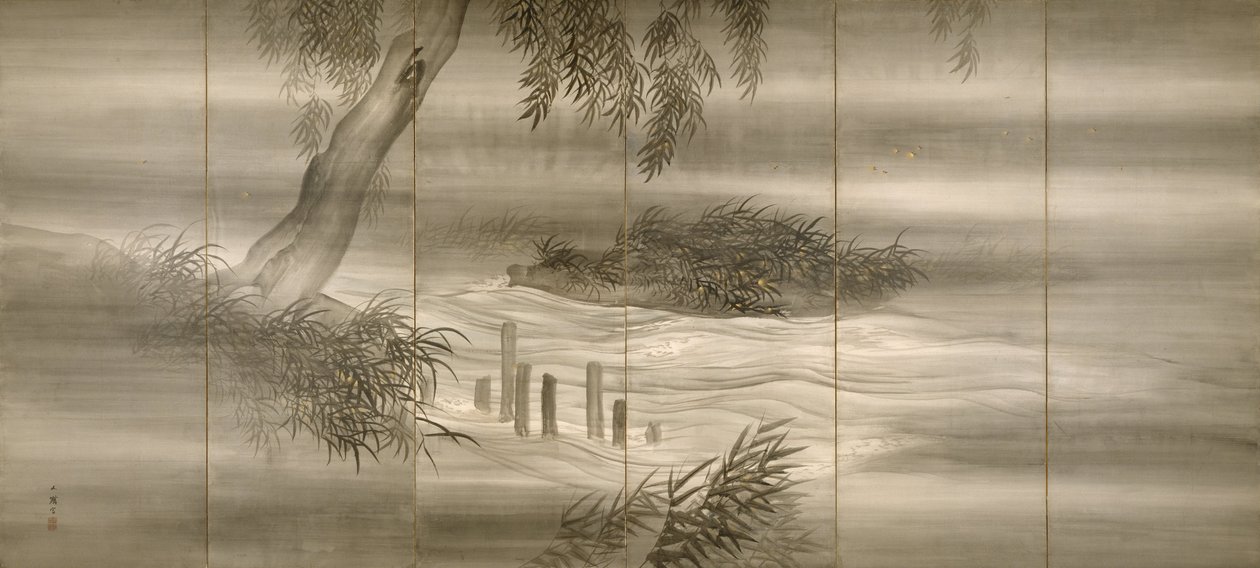 Flusslandschaft mit Glühwürmchen, 1874 von Shiokawa Bunrin