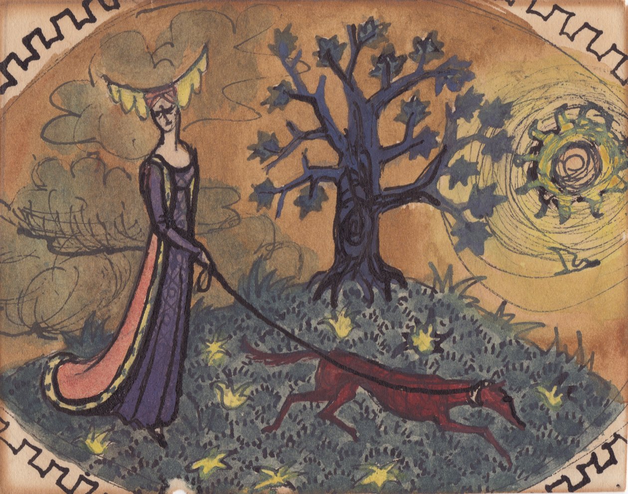Mittelalterliche Dame und Hund, ca. 1950 von Shirley Markham