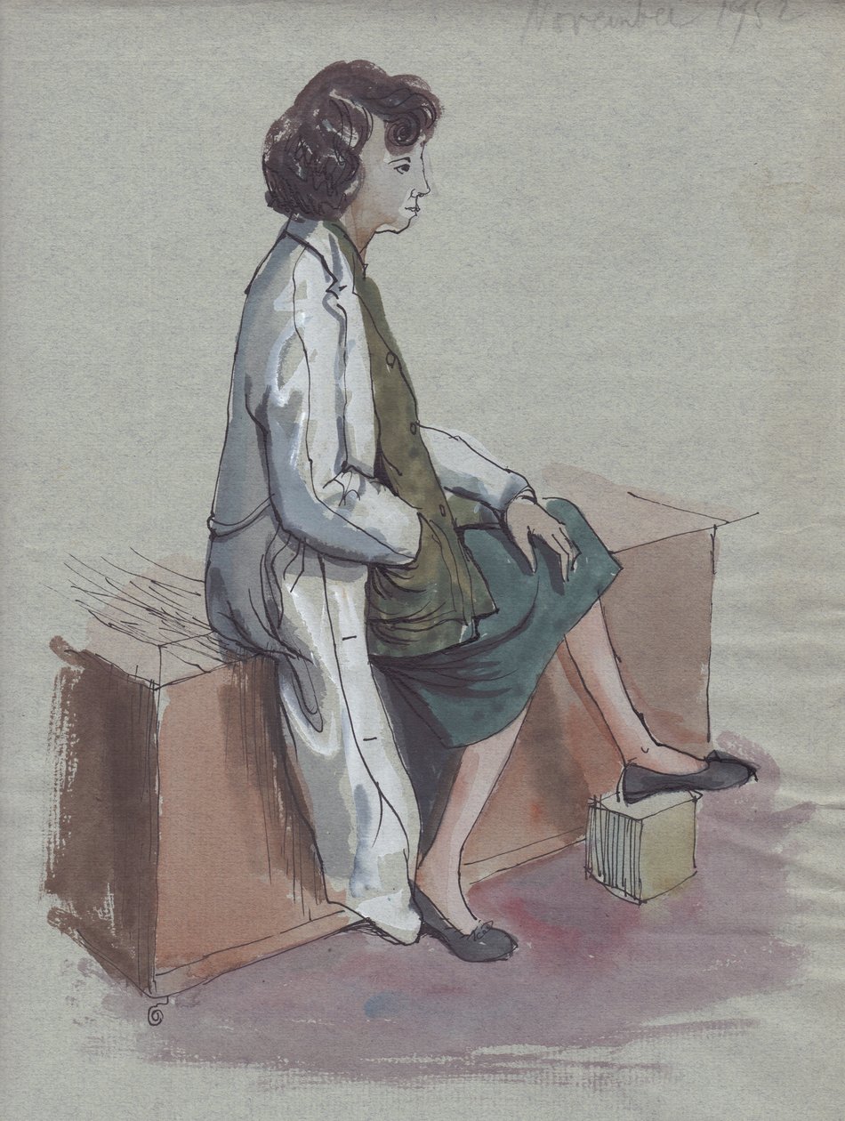 Sitzende Frau im weißen Mantel, 1952 von Shirley Markham