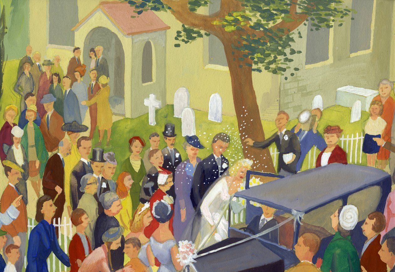 Hochzeitsgruppe auf dem Kirchhof, um 1948 von Shirley Markham
