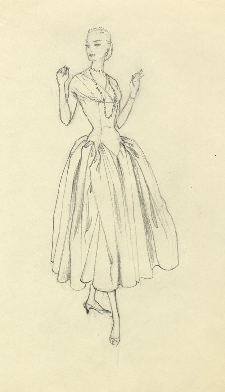 Frau im eng taillierten Kleid, ca. 1952 von Shirley Markham