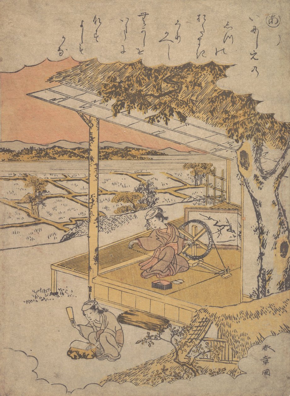 Frau auf der Veranda, beim Spinnen, 18. Jahrhundert von Shunsho