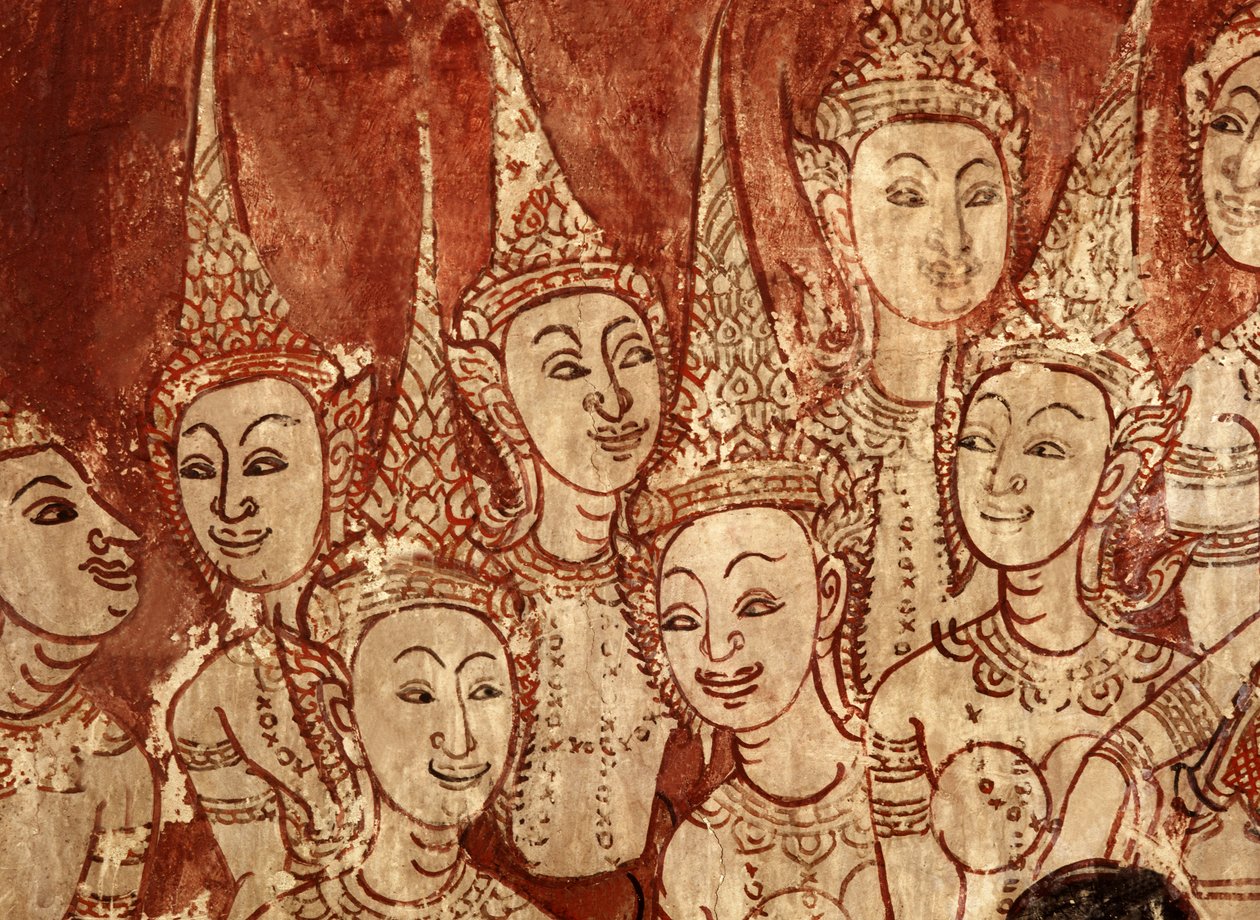 Detail der Wandmalereien, die himmlische Gottheiten zeigen, aus der späten Ayutthaya-Periode von Siamese School