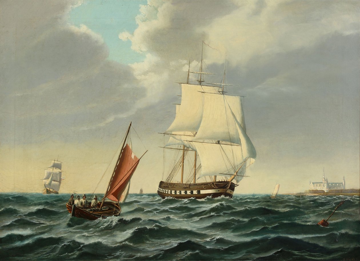 Kriegsschiff auf dem Weg hinaus mit Kronborg an Backbord von Siegfried Hass