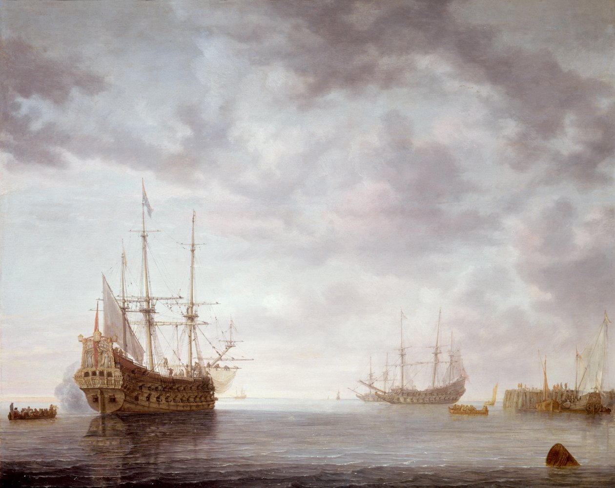 Niederländische Kriegsschiffe vor Anker, ca. 1650 von Simon de Vlieger