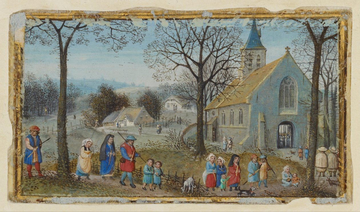 Dorfbewohner auf dem Weg zur Kirche von Simon Bening