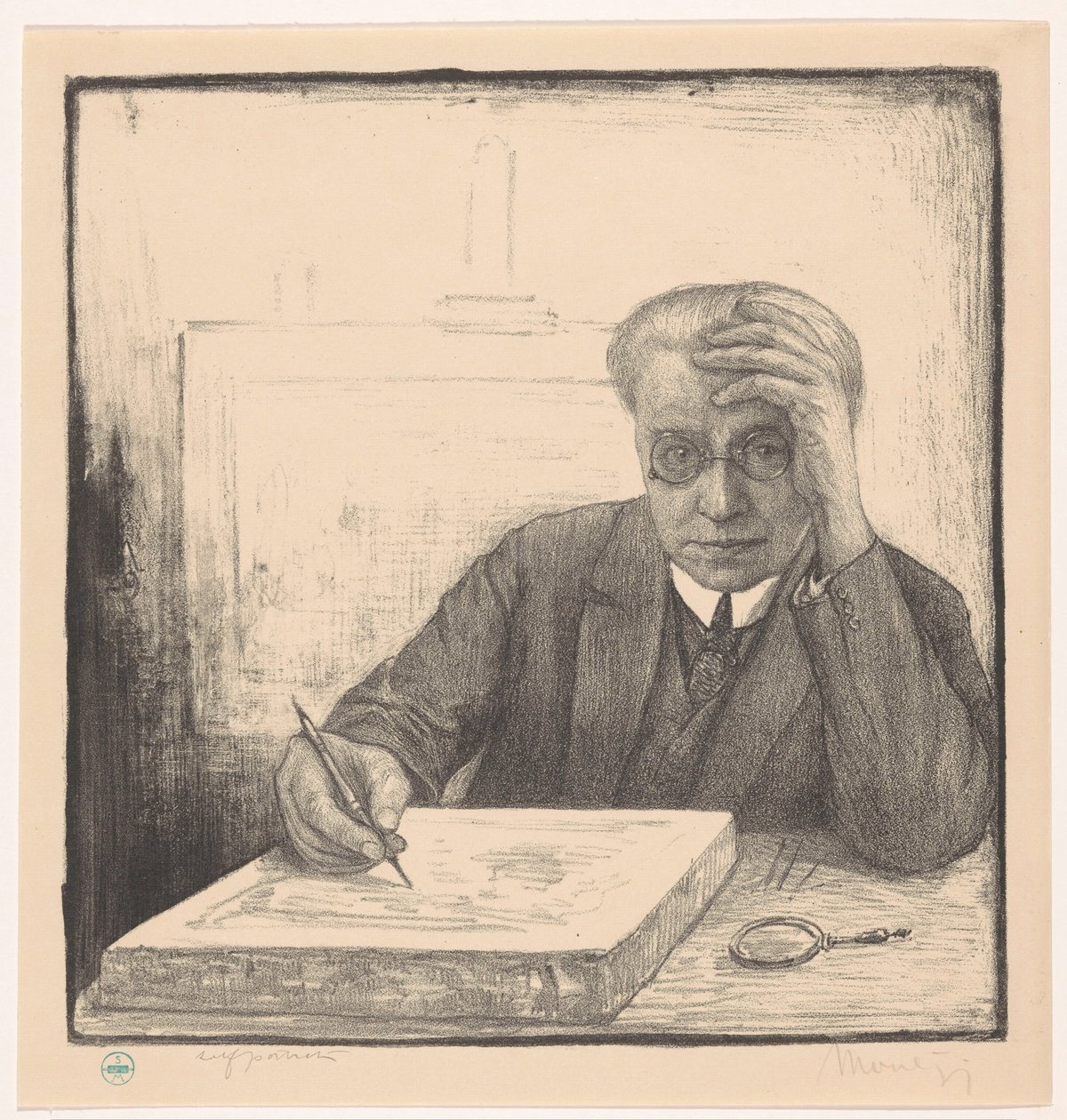 Selbstporträt mit Lithostein von Simon Moulijn (signed by artist)