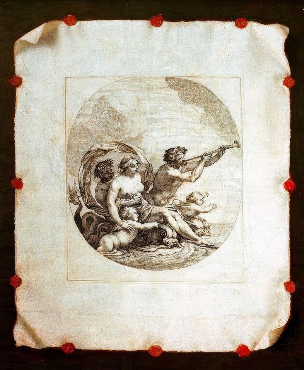 Trompe l’oeil mit Kupferstich der Galatea von Simon Vouet