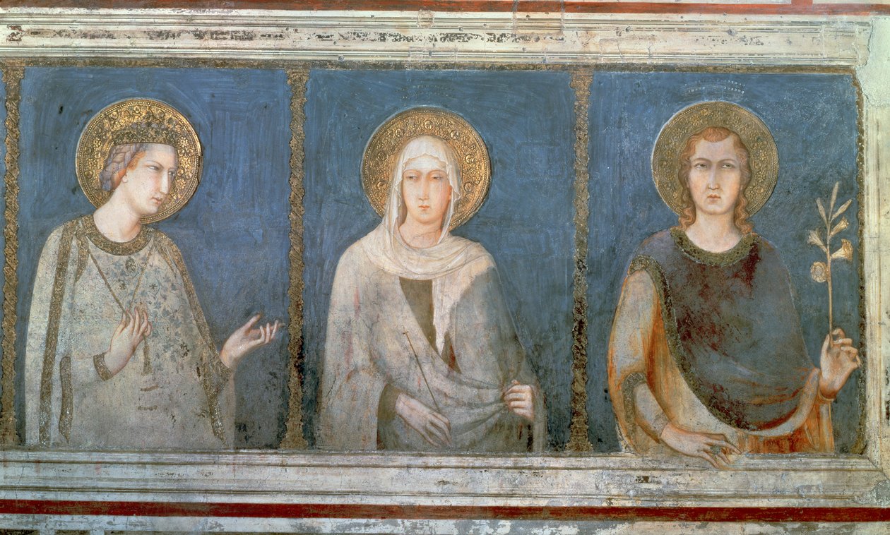 Fünf Heilige, Detail von St. Elisabeth von Ungarn, St. Klara und einem weiteren Heiligen von Simone Martini