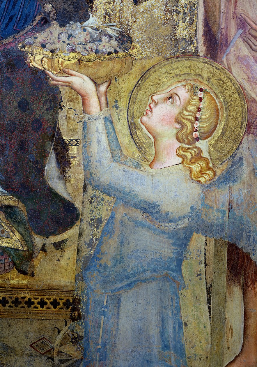 Maesta: Engel bietet der Jungfrau Blumen an (Detail) von Simone Martini