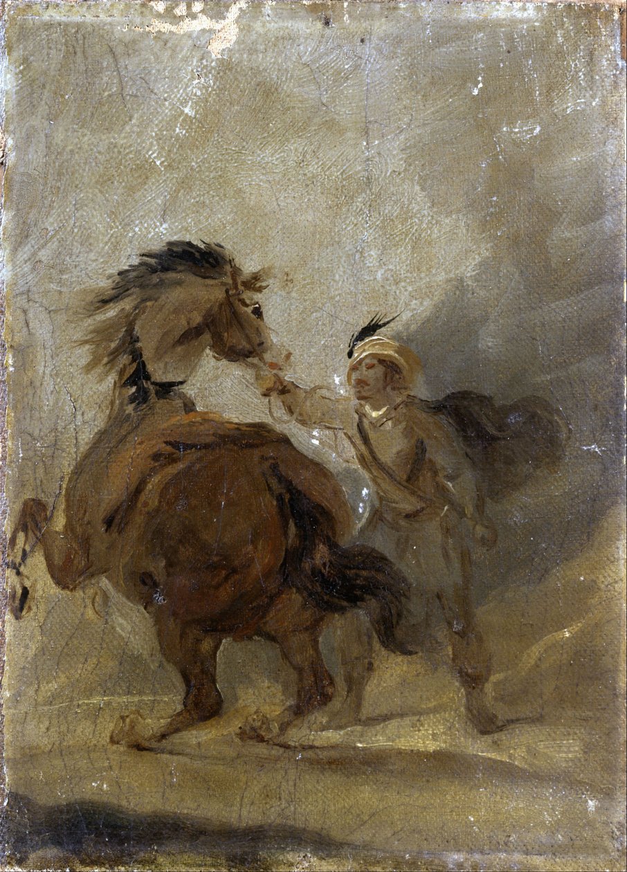 Ein Mann hält ein Pferd von Sir Peter Francis Bourgeois