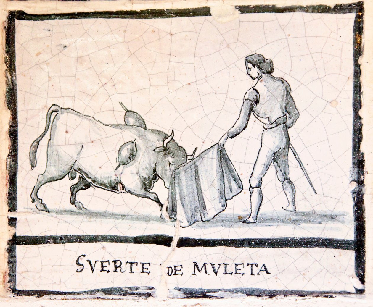 Stierkampfszene auf einer antiken Fliese - Die Muleta-Phase von Spanish School