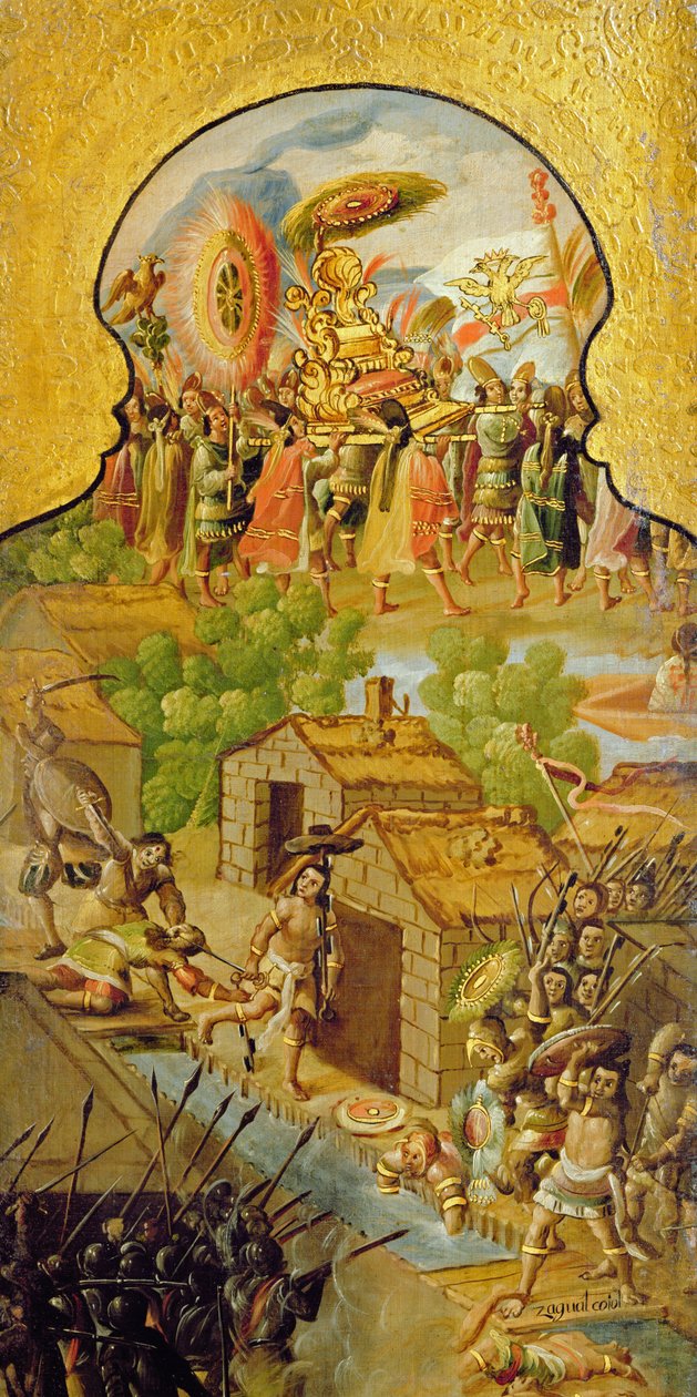 Gefangennahme von Montezuma und Zusammenstöße mit den Spaniern auf den Straßen von Tenochtitlan von Spanish School