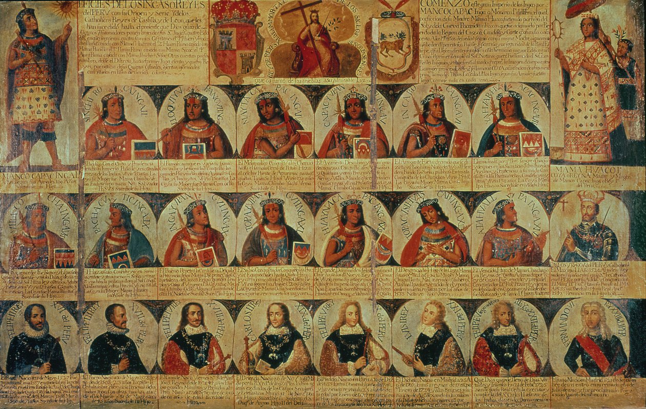 Genealogie der Inka-Herrscher und ihrer spanischen Nachfolger von Manco Capac, dem ersten Inka-König, bis Ferdinand VI. von Spanien, ca. 1750 von Spanish School