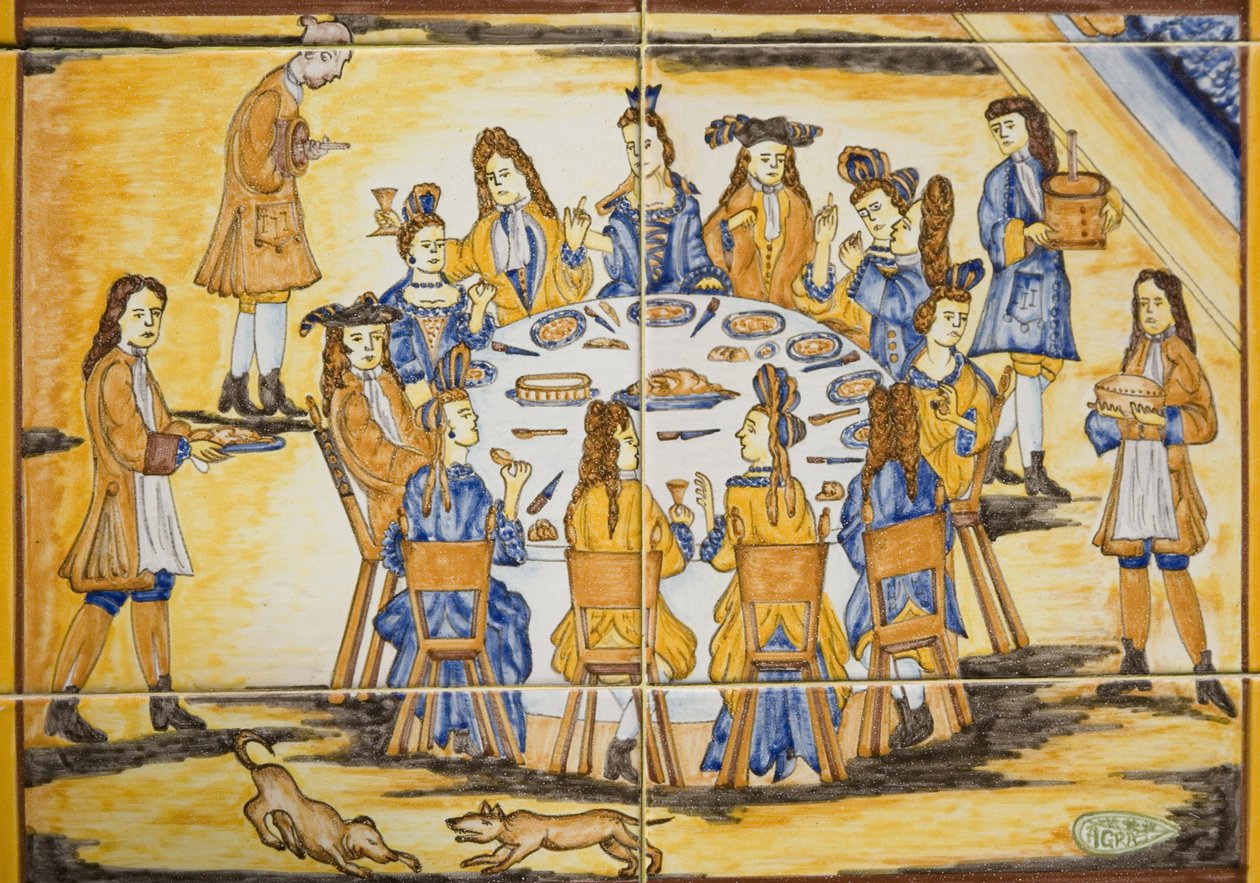 Abendessenszene (Keramikfliesen) von Spanish School