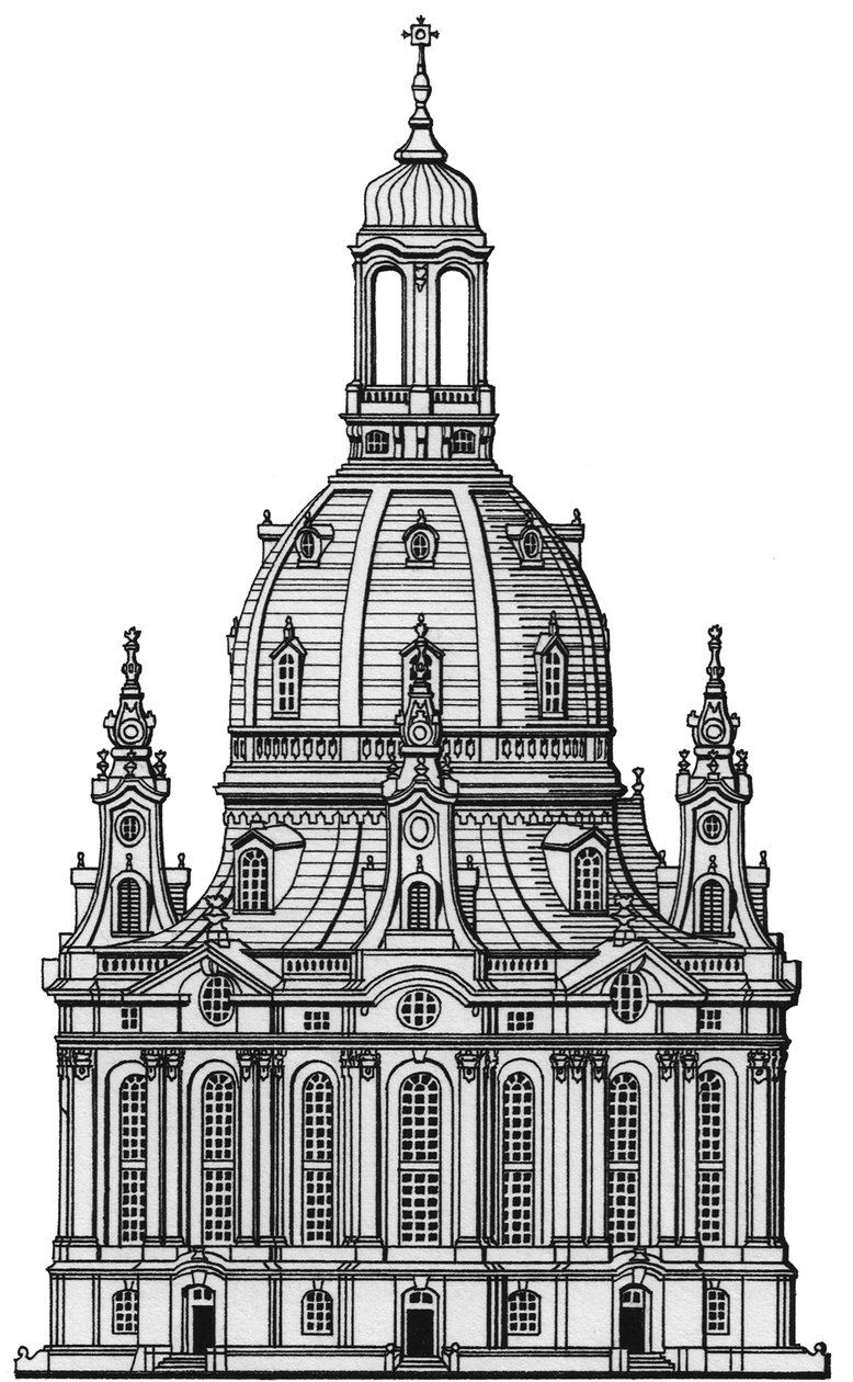 Die Frauenkirche, Dresden, ca. 1730-2023 (gezeichnet 1994) von Stephen Conlin