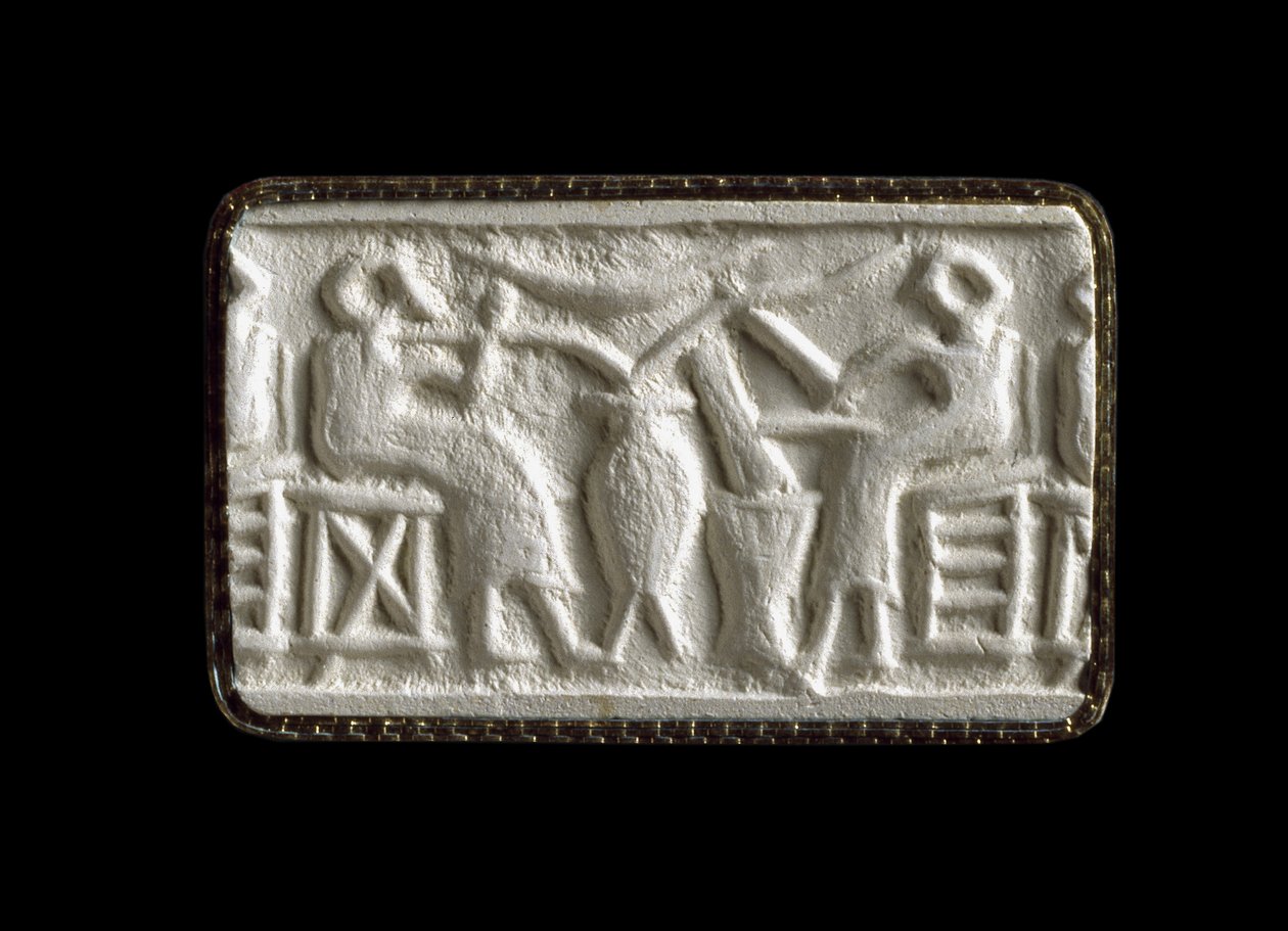 Zylindersiegelabdruck von zwei sitzenden Figuren, die durch Röhren trinken, Kish, Irak, wahrscheinlich ca. 2500 v. Chr. (Gipsabdruck) von Sumerian