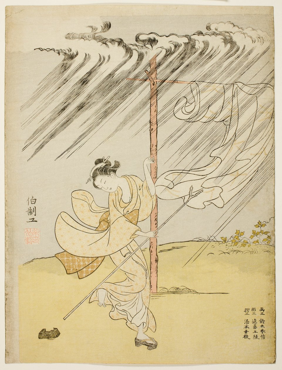 Eine junge Frau in einem Sommerregen von Suzuki Harunobu