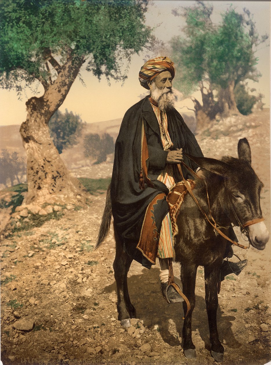 Arabischer Mann aus Bethlehem auf seinem Esel, ca. 1880-1900 von Swiss Photographer