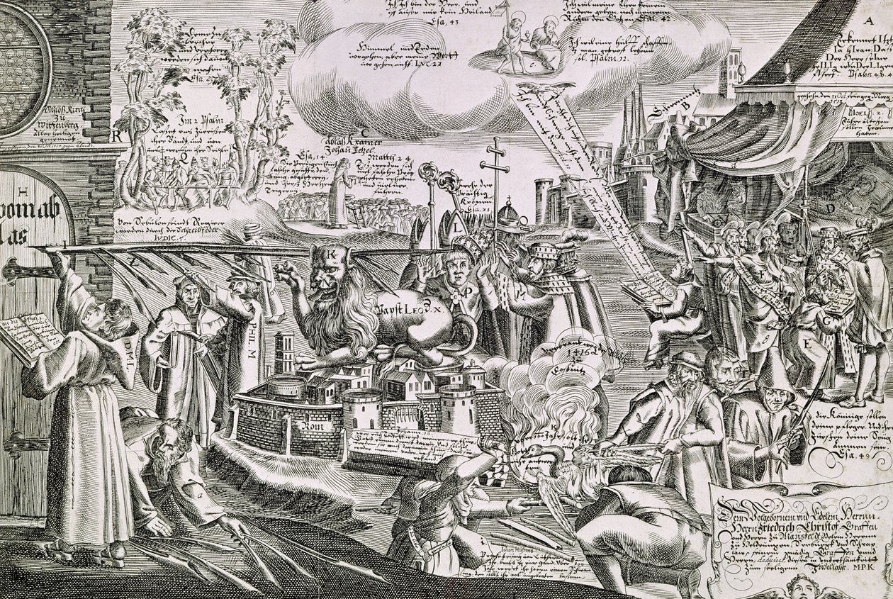 Martin Luther (1483-1546) schreibt 1517 an die Kirchentür in Wittenberg von Swiss School