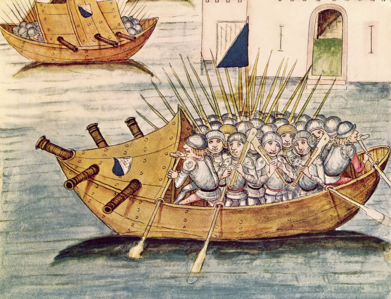 Soldaten bewaffnet mit Gewehren in einem Schiff mit Kanonen, aus der Berner Chronik, von Diebold Schilling dem Älteren (ca. 1445-85) 1483 von Swiss School