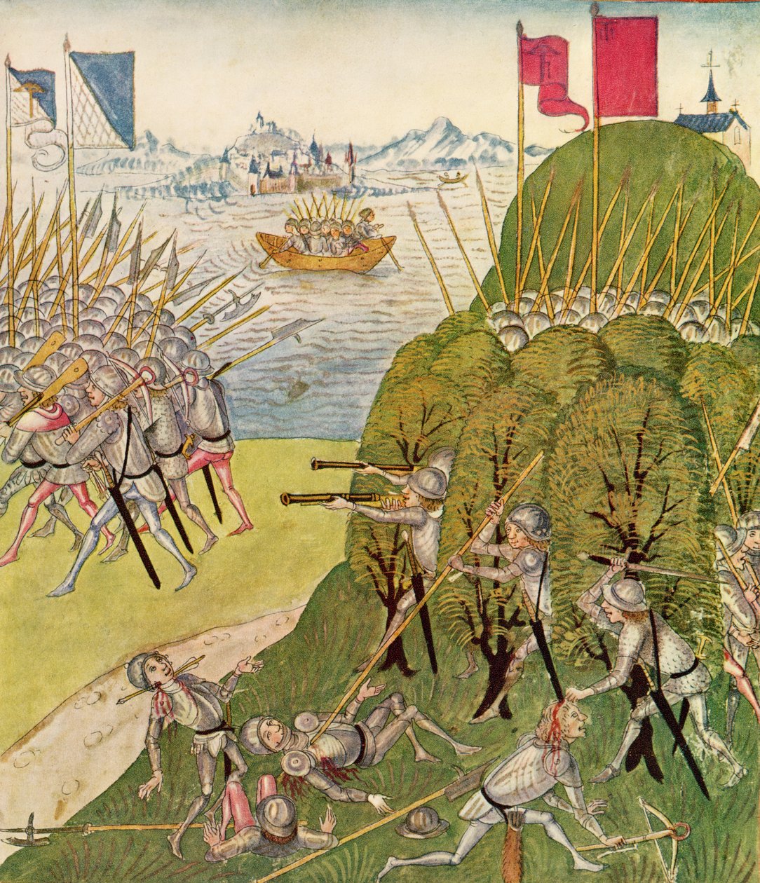 Soldaten bewaffnet mit Gewehren, Lanzen und Armbrüsten, aus der Berner Chronik, von Diebold Schilling dem Älteren (ca. 1445-85) 1483 von Swiss School