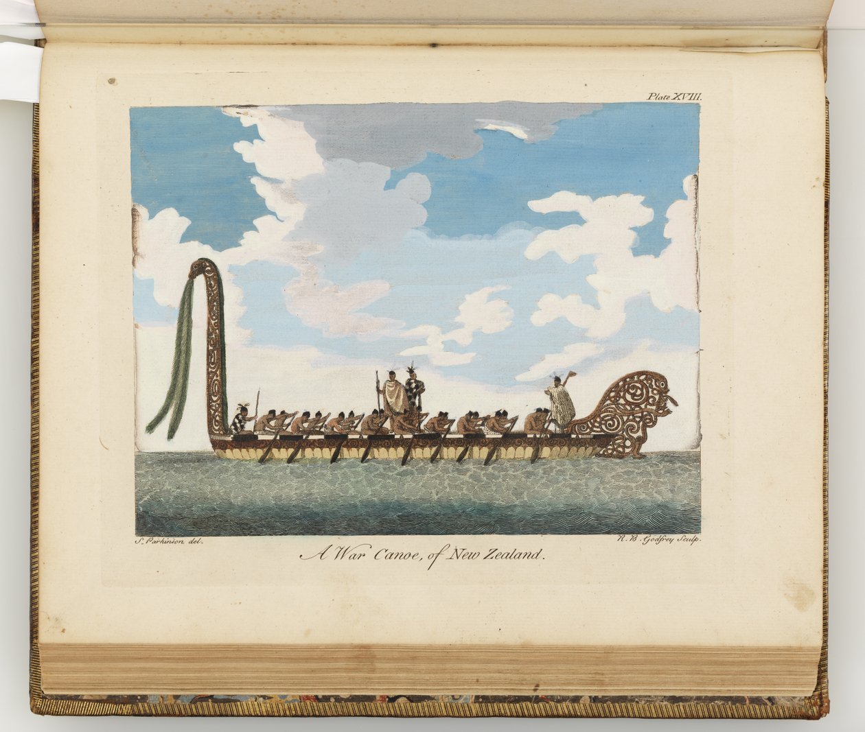 Ein Kriegskanu von Neuseeland, Illustration aus A journal of a voyage to the South Seas : in His Majestys ship, the Endeavour, 1794 von Sydney