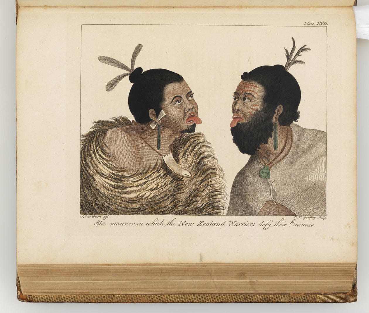 Die Art und Weise, wie die neuseeländischen Krieger ihre Feinde herausfordern, Illustration aus A journal of a voyage to the South Seas : in His Majestys ship, the Endeavour, 1794 von Sydney