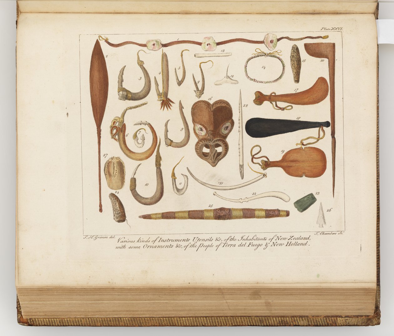 Verschiedene Arten von Instrumenten, Utensilien usw. der Einwohner Neuseelands, Illustration aus A journal of a voyage to the South Seas : in His Majestys ship, the Endeavour, 1794 von Sydney