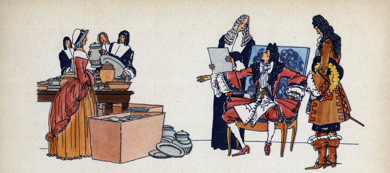 Ludwig XIV schickt sein goldenes Tafelgeschirr zum Einschmelzen - Illustration von Sylvain Sauvage (1888-1948) für das Buch „Louis XIV“ von Frantz Funck-Brentano (1862-1947) von 1938 von Sylvain Sauvage