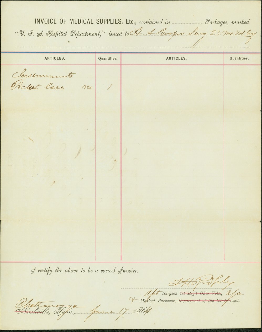 Listet die an H.A. Cooper, Chirurg des 23. Missouri Volunteer Infantry, ausgegebenen Vorräte auf von T. H. Ridgely