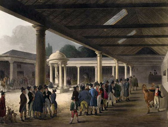 Tattersalls Pferde-Depot aus Ackermanns Microcosm of London von T. and Pugin Rowlandson