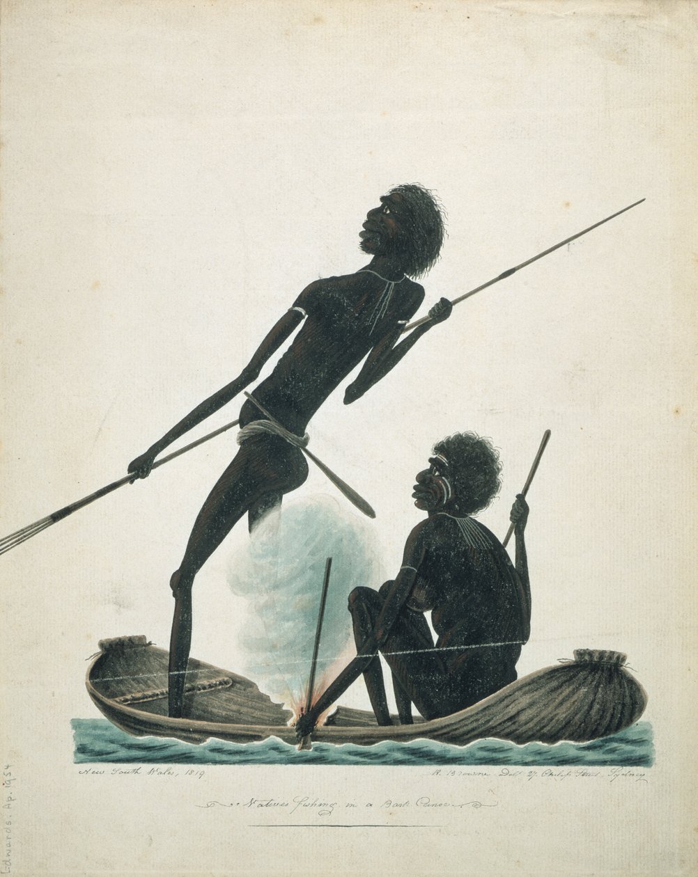 Einheimische beim Fischen in einem Rindenkanu, 1819 von T.R. Browne