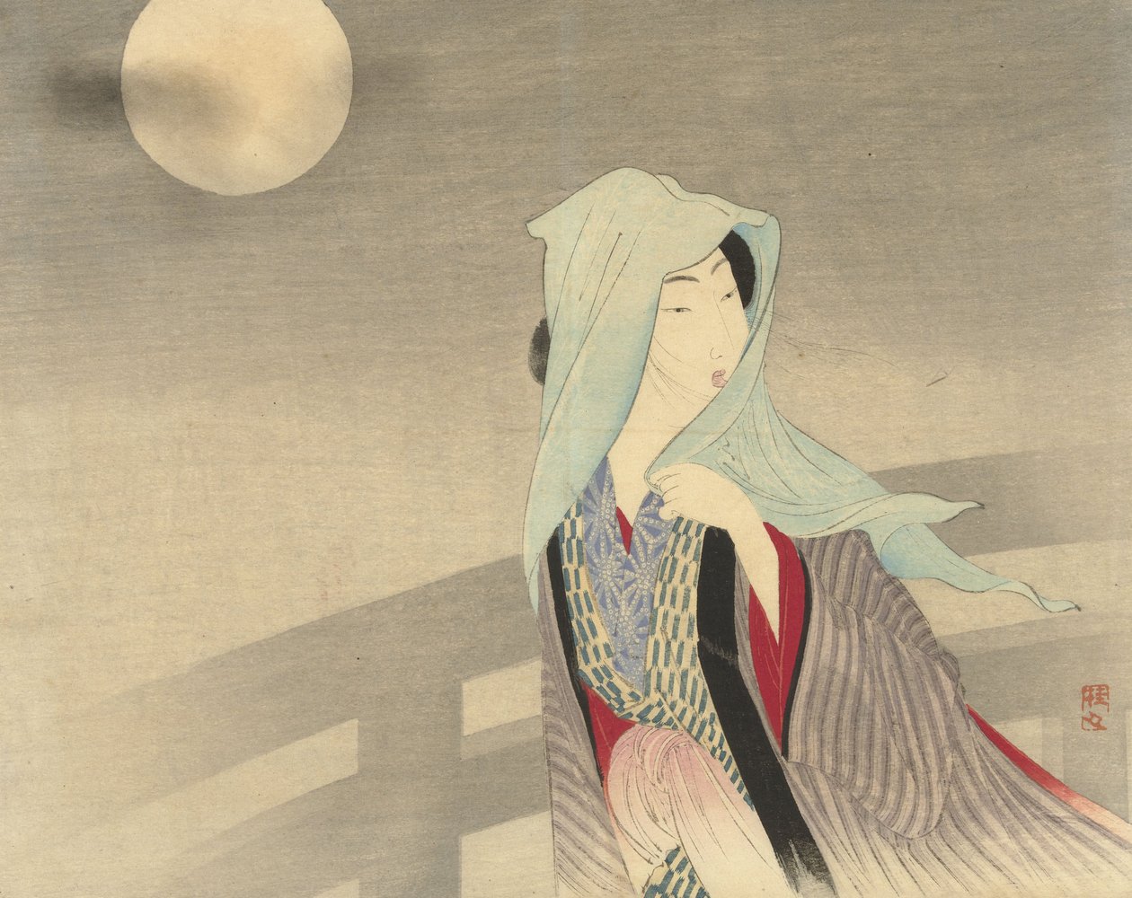 Verschleierte Frau auf einer Brücke im Mondlicht, 1900-25 von Takeuchi Keishu Takeuchi Keishu