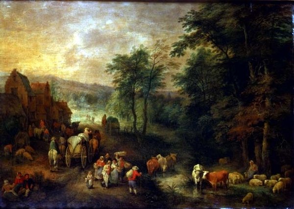 Bewaldete Landschaft mit Bauern und Wagen von Theobald Michau