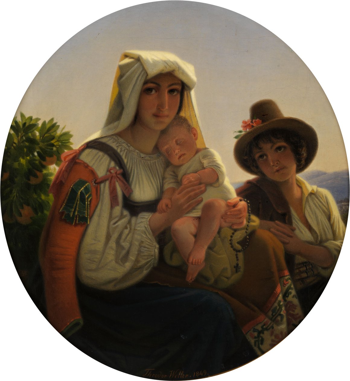 Italienische Mutter mit Kleinkind und Jungen in einer Landschaft von Theodor Leopold Weller