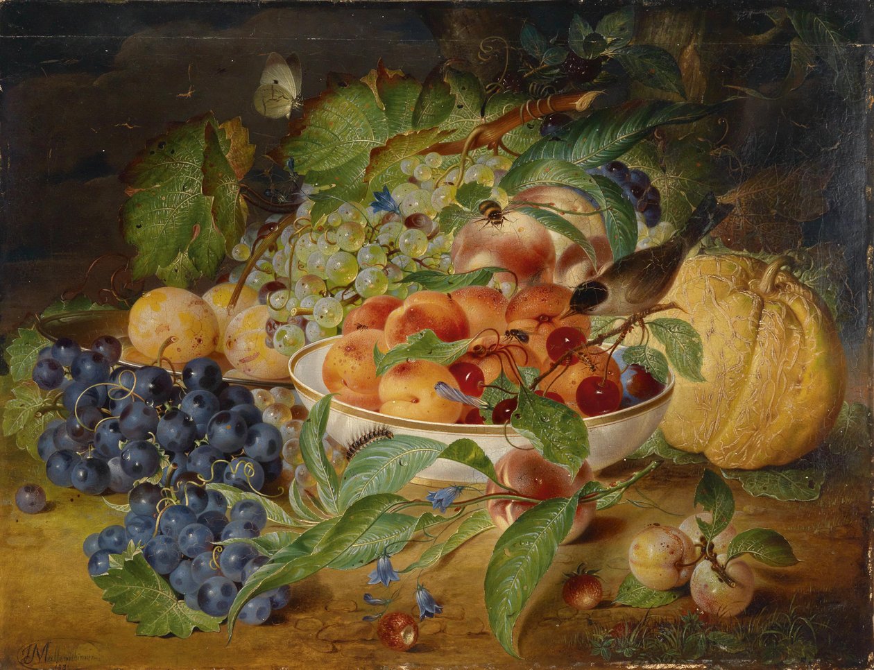 Früchtestillleben mit Trauben, Pfirsich und Kürbis von Theodor Mattenheimer