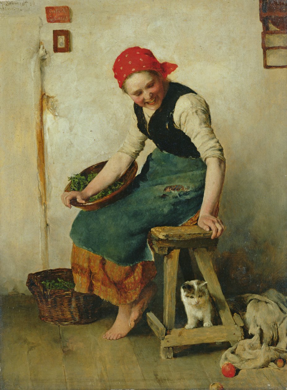 Junges Mädchen mit einer Katze, 1884 von Theodor Schmidt